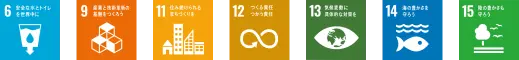 6.安全な水とトイレを世界中に　9.産業と技術革新の基盤をつくろう　11.住み続けられるまちづくりを　12.つくる責任 つかう責任　13.気候変動に具体的な対策を　14.海の豊かさを守ろう　15.陸の豊かさも守ろう